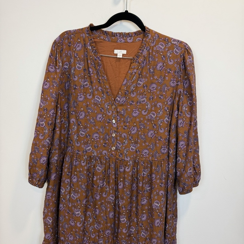 J. Jill XL Maxi Tiered Dress Ruffled Neckline In Dark Brown Graphic Paisley - Picture 4 of 10